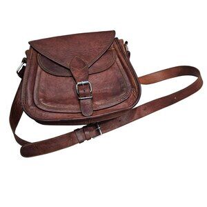 Komal Passion Brown Leather Crossbody Saddle Bag Buckle Closure Adjustable Strap
